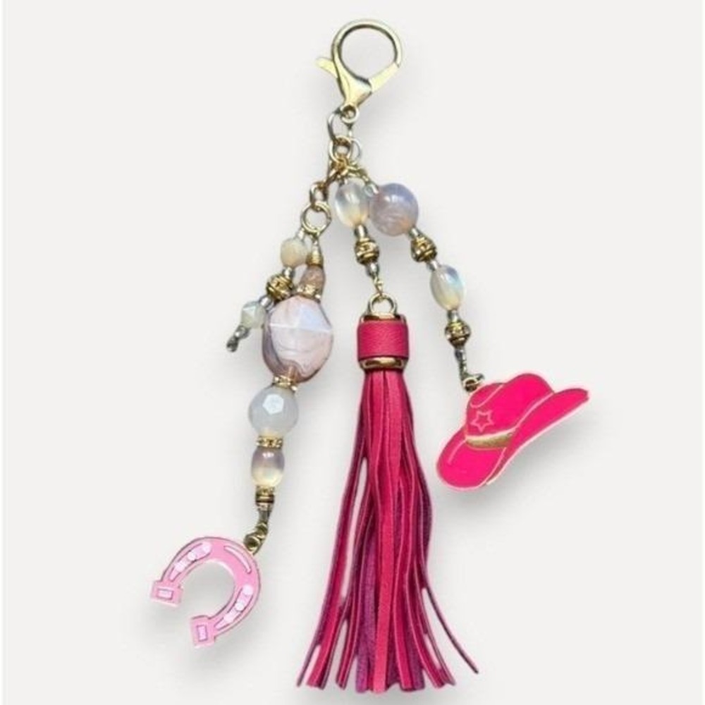 Pink Western Cowgirl Bag Charm Keychain Tassel Horseshoe Hat Beaded Accessory